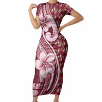 Samoa Teuila Short Sleeve Bodycon Dress Maroon Samoan Siapo Motifs LT05 Long Dress Maroon - Polynesian Pride