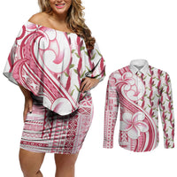 Samoa Teuila Couples Matching Off Shoulder Short Dress and Long Sleeve Button Shirt White Samoan Siapo Motifs LT05 White - Polynesian Pride