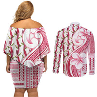 Samoa Teuila Couples Matching Off Shoulder Short Dress and Long Sleeve Button Shirt White Samoan Siapo Motifs