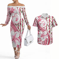 Samoa Teuila Couples Matching Off The Shoulder Long Sleeve Dress and Hawaiian Shirt White Samoan Siapo Motifs LT05 White - Polynesian Pride