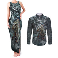 Hawaii Mo'o Lizard God Couples Matching Tank Maxi Dress and Long Sleeve Button Shirt Polynesian Style