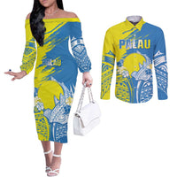 Palau Independence Day Couples Matching Off The Shoulder Long Sleeve Dress and Long Sleeve Button Shirt Happy 30th Anniversary