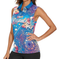 Happy Diwali Festival Women Sleeveless Polo Shirt Diya Lamp Rangoli With Polynesian Pattern