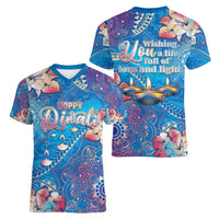 Happy Diwali Festival Women V-Neck T-Shirt Diya Lamp Rangoli With Polynesian Pattern