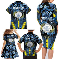 Personalised Palau Family Matching Long Sleeve Bodycon Dress and Hawaiian Shirt Polynesian Dolphin Tropical Hibiscus Style