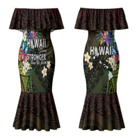Hawaii Strong Couples Matching Mermaid Dress and Long Sleeve Button Shirt Polynesian Tribal Tropical Flowers