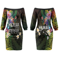Hawaii Strong Couples Matching Off The Shoulder Long Sleeve Dress and Hawaiian Shirt Polynesian Tribal Tropical Flowers