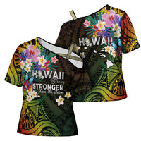 Hawaii Strong Cross Shoulder Shirt Polynesian Tribal Tropical Flowers