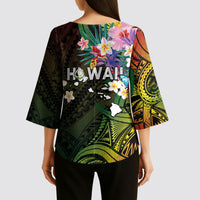 Hawaii Strong Kimono Sleeve Blouse Polynesian Tribal Tropical Flowers