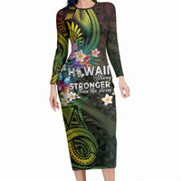 Hawaii Strong Long Sleeve Bodycon Dress Polynesian Tribal Tropical Flowers