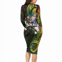 Hawaii Strong Long Sleeve Bodycon Dress Polynesian Tribal Tropical Flowers
