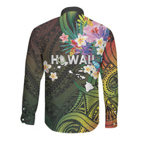 Hawaii Strong Long Sleeve Button Shirt Polynesian Tribal Tropical Flowers
