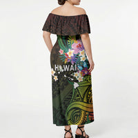 Hawaii Strong Off Shoulder Maxi Dress Polynesian Tribal Tropical Flowers