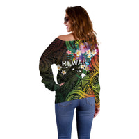 Hawaii Strong Off Shoulder Sweater Polynesian Tribal Tropical Flowers