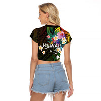 Hawaii Strong Raglan Cropped T Shirt Polynesian Tribal Tropical Flowers