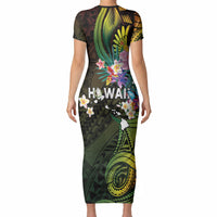 Hawaii Strong Short Sleeve Bodycon Dress Polynesian Tribal Tropical Flowers