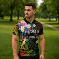 Hawaii Strong Zipper Polo Shirt Polynesian Tribal Tropical Flowers