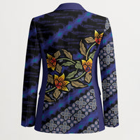 Indonesian Batik Motifs Pattern Floral Art Dark Blue Blazer