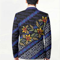 Indonesian Batik Motifs Pattern Floral Art Dark Blue Blazer