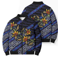 Indonesian Batik Motifs Pattern Floral Art Dark Blue Bomber Puffer Jacket