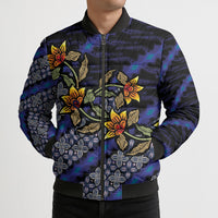 Indonesian Batik Motifs Pattern Floral Art Dark Blue Bomber Puffer Jacket
