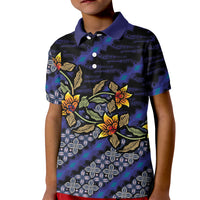 Indonesian Batik Motifs Pattern Floral Art Dark Blue Kid Polo Shirt
