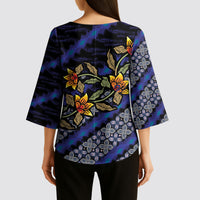Indonesian Batik Motifs Pattern Floral Art Dark Blue Kimono Sleeve Blouse