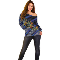 Indonesian Batik Motifs Pattern Floral Art Dark Blue Off Shoulder Sweater