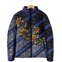 Indonesian Batik Motifs Pattern Floral Art Dark Blue Padded Jacket