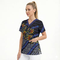 Indonesian Batik Motifs Pattern Floral Art Dark Blue Scrub Top