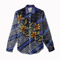 Indonesian Batik Motifs Pattern Floral Art Dark Blue Women Casual Shirt