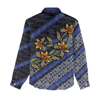 Indonesian Batik Motifs Pattern Floral Art Dark Blue Women Casual Shirt
