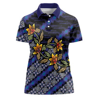 Indonesian Batik Motifs Pattern Floral Art Dark Blue Women Polo Shirt