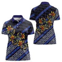Indonesian Batik Motifs Pattern Floral Art Dark Blue Women Polo Shirt