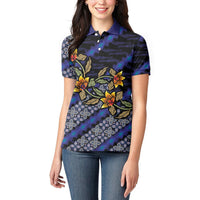 Indonesian Batik Motifs Pattern Floral Art Dark Blue Women Polo Shirt
