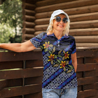 Indonesian Batik Motifs Pattern Floral Art Dark Blue Women Polo Shirt