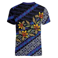 Indonesian Batik Motifs Pattern Floral Art Dark Blue Women V-Neck T-Shirt