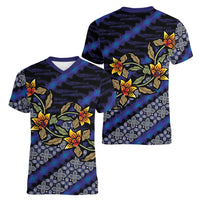 Indonesian Batik Motifs Pattern Floral Art Dark Blue Women V-Neck T-Shirt