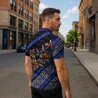 Indonesian Batik Motifs Pattern Floral Art Dark Blue Zipper Polo Shirt