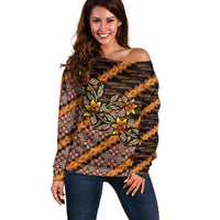 Indonesian Batik Motifs Pattern Floral Art Orange Off Shoulder Sweater