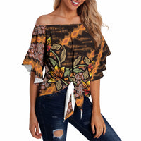 Indonesian Batik Motifs Pattern Floral Art Orange Off Shoulder Wrap Waist Top