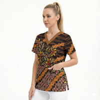Indonesian Batik Motifs Pattern Floral Art Orange Scrub Top