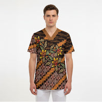 Indonesian Batik Motifs Pattern Floral Art Orange Scrub Top