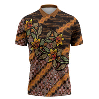 Indonesian Batik Motifs Pattern Floral Art Orange Zipper Polo Shirt