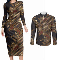 Indonesian Parang Batik Couples Matching Long Sleeve Bodycon Dress and Long Sleeve Button Shirt Brown Gold Floral Pattern