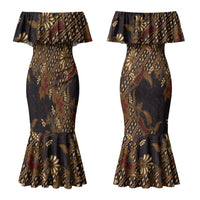 Indonesian Parang Batik Couples Matching Mermaid Dress and Long Sleeve Button Shirt Brown Gold Floral Pattern