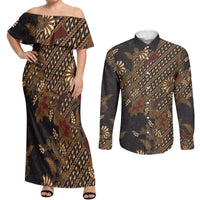 Indonesian Parang Batik Couples Matching Off Shoulder Maxi Dress and Long Sleeve Button Shirt Brown Gold Floral Pattern