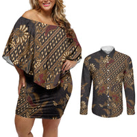Indonesian Parang Batik Couples Matching Off Shoulder Short Dress and Long Sleeve Button Shirt Brown Gold Floral Pattern