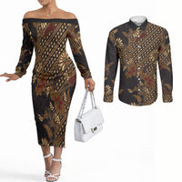 Indonesian Parang Batik Couples Matching Off The Shoulder Long Sleeve Dress and Long Sleeve Button Shirt Brown Gold Floral Pattern