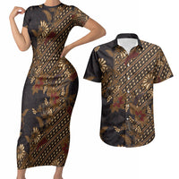 Indonesian Parang Batik Couples Matching Short Sleeve Bodycon Dress and Hawaiian Shirt Brown Gold Floral Pattern